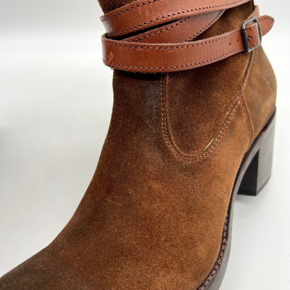 FRYE Jane Strappy Short Boot 10 Brown Suede Leather Block Heel Western Distress - Picture 9 of 13